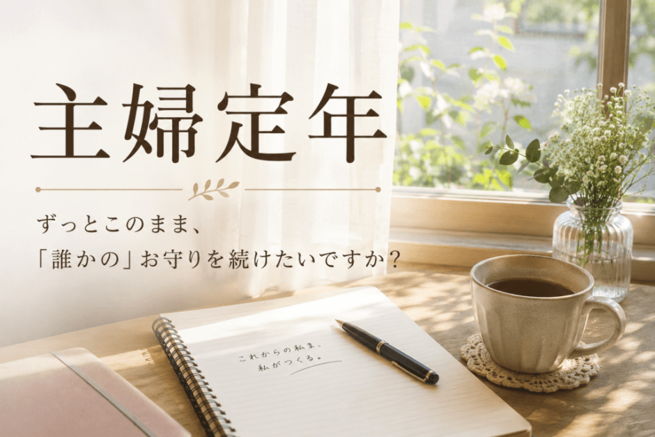 ノートとペン、コーヒーが置かれた窓辺と『主婦定年』の文字